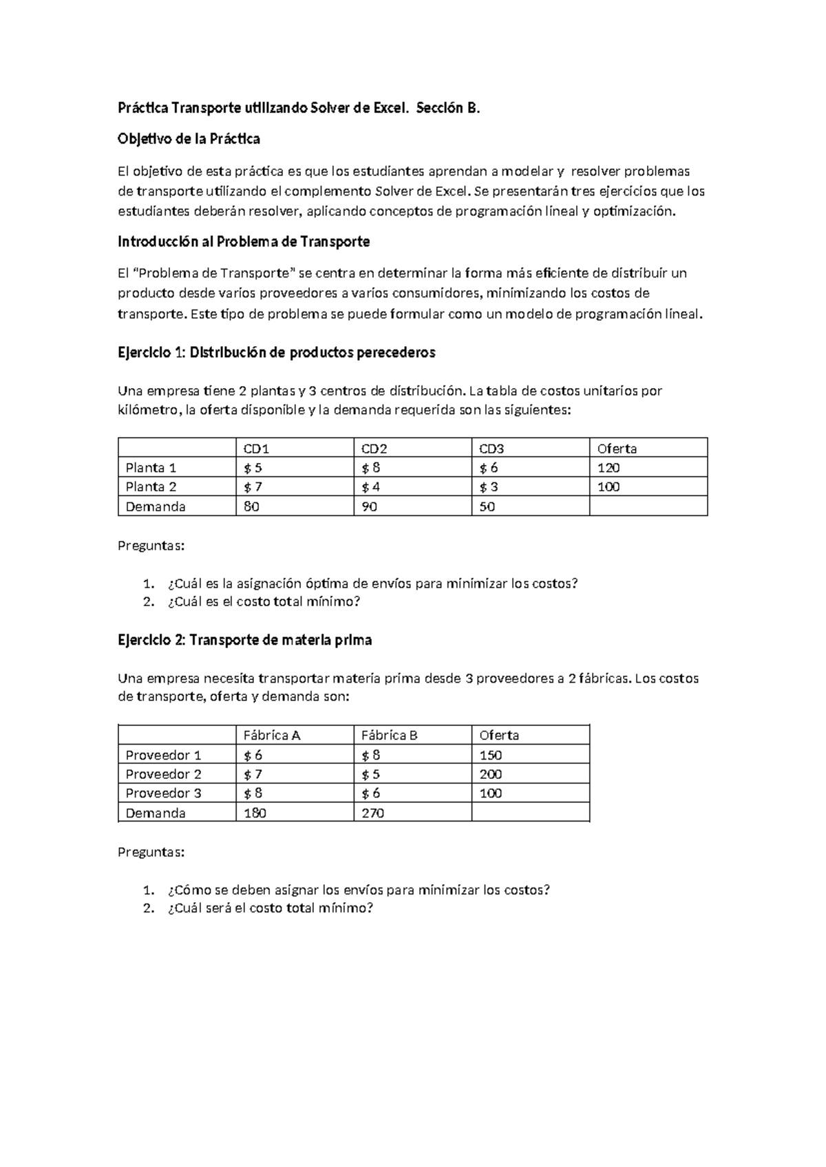 Práctica Transporte con Solver de Excel: Sección B y Ejercicios - Studocu