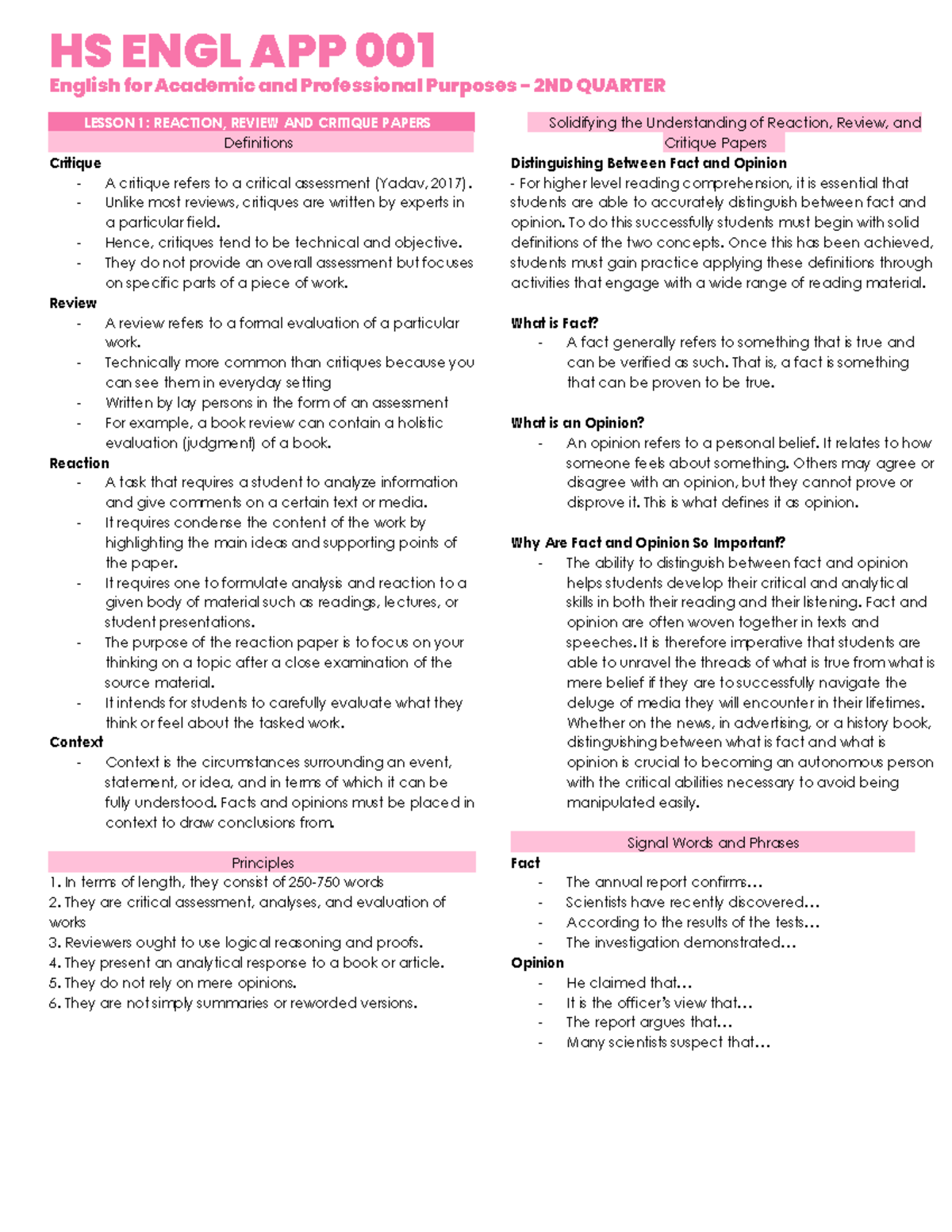 HS ENGL APP 001 English for Academic Purposes: Lesson 1 on Critiques ...