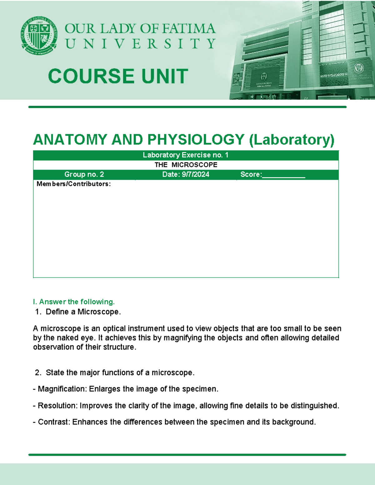 ANAT 101 Lab Worksheet 1: The Microscope Overview and Functions - Studocu