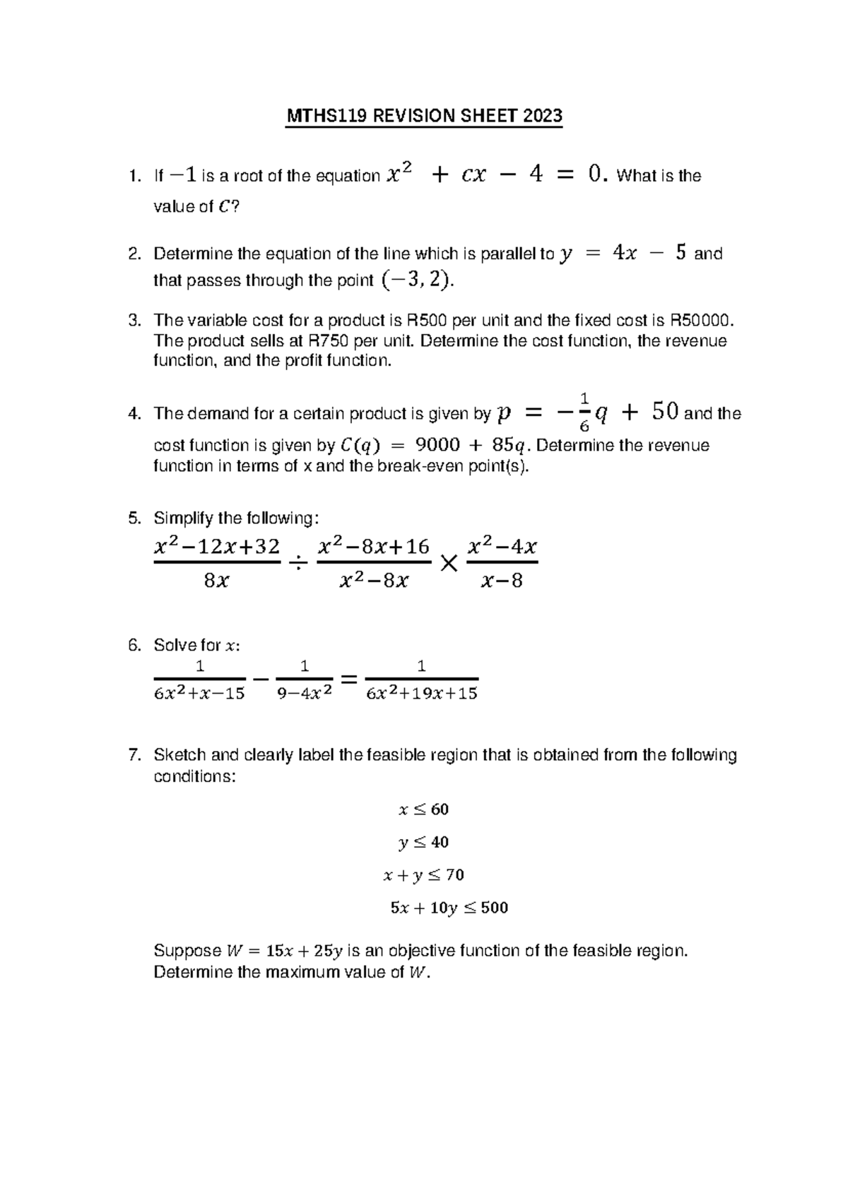 MTHS119 Revision Sheet 2023 - MTHS119 REVISION SHEET 2023 1. If − 1 is ...