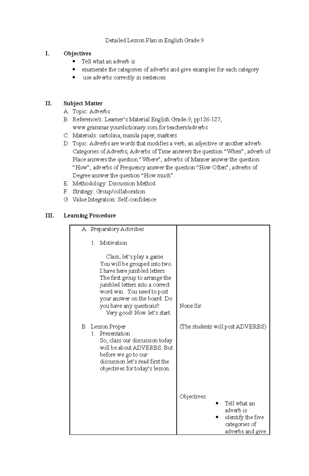 Detailed Lesson Plan in English Grade 9 - Objectives Tell what an ...