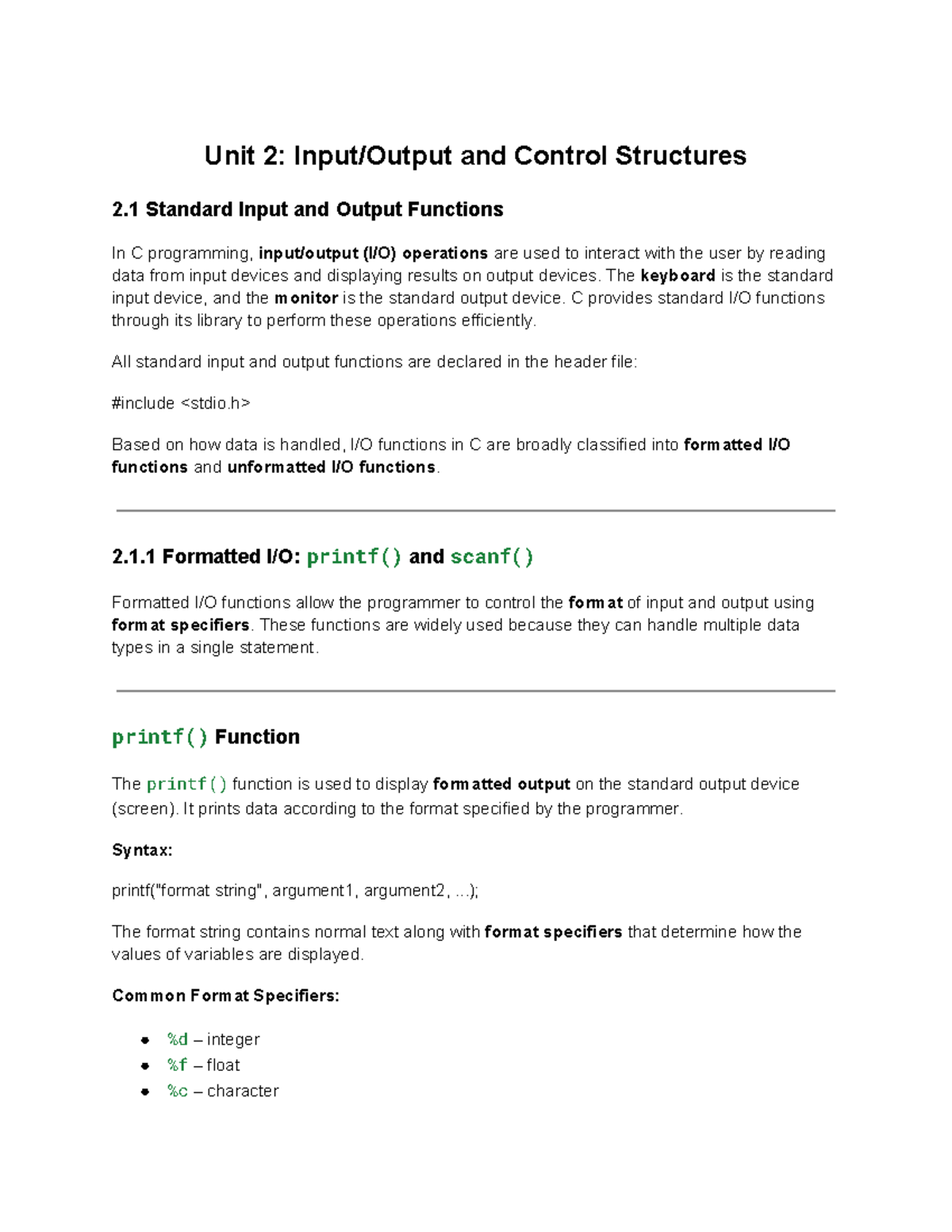 Unit 2: Input, Output & Control Structures in C Programming - Studocu