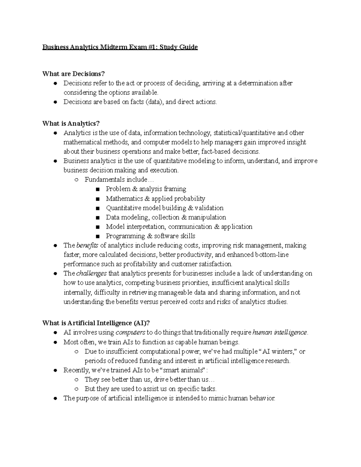 Business Analytics BA 101 Midterm Exam #1 Study Guide - Studocu