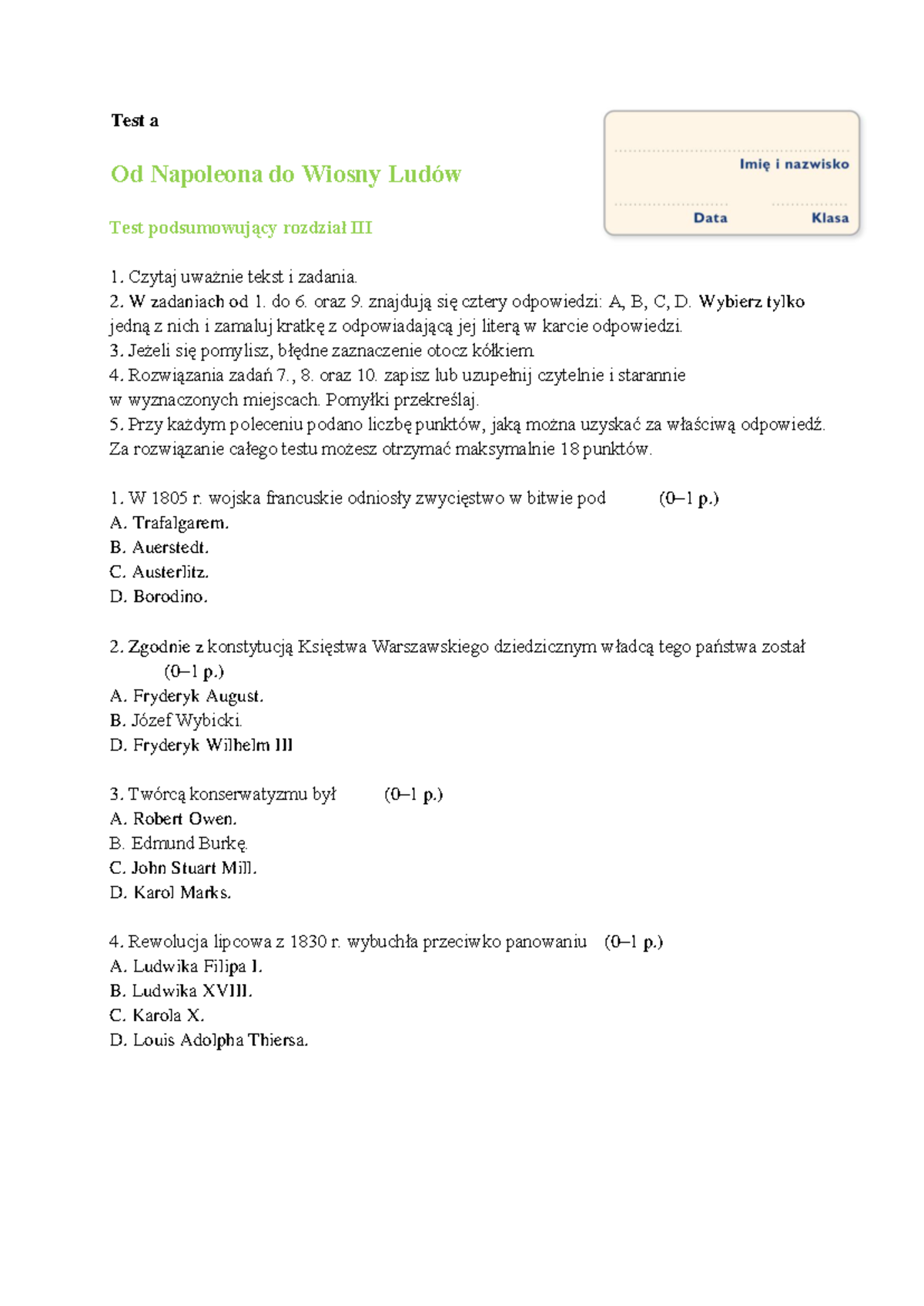 Sprawdzian Europa Od Napoleona Do Wiosny Ludów Nowa Era Doclide www.studocu.com