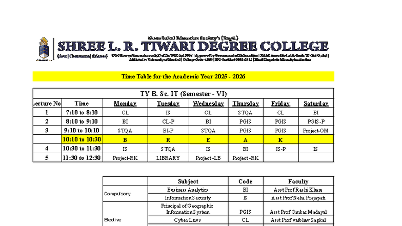 Even Semester Class Timetable 2025-26 - TY B.Sc. IT - Studocu