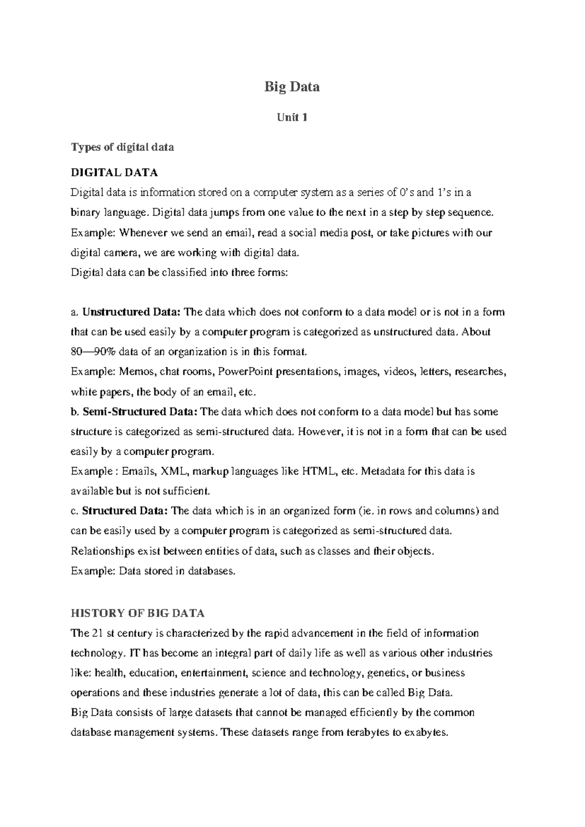 Unit1 Big Data - big data 1 - Big Data Unit 1 Types of digital data ...