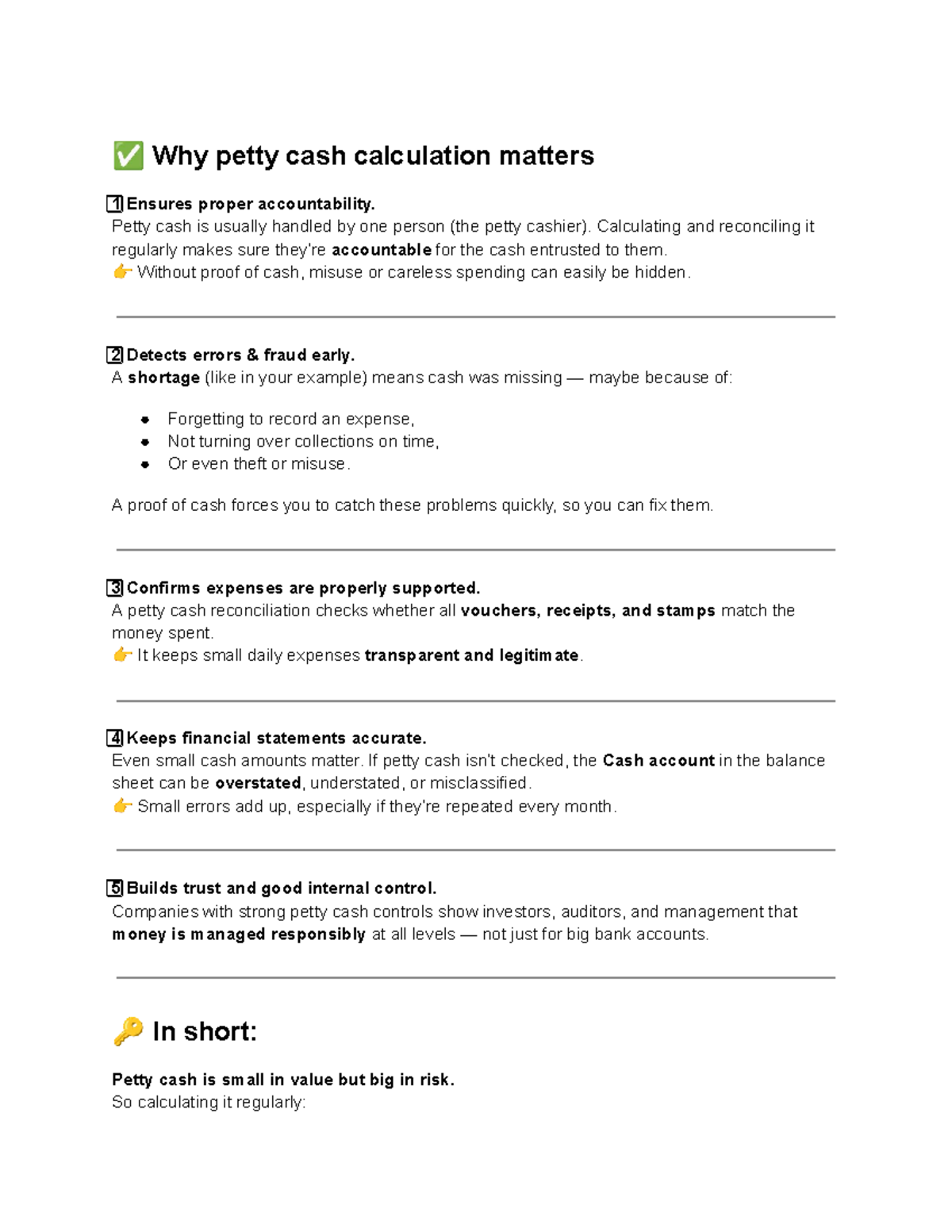 Petty Cash - Importance of Regular Calculation and Reconciliation - Studocu