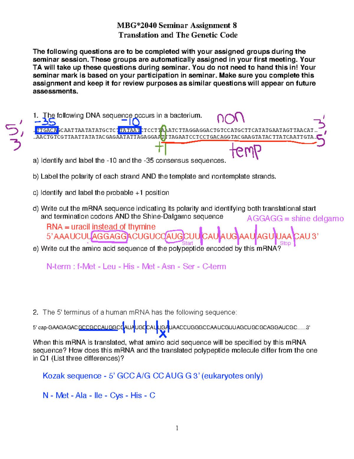Seminar #8 - Translation and The Genetic Code The following questions ...