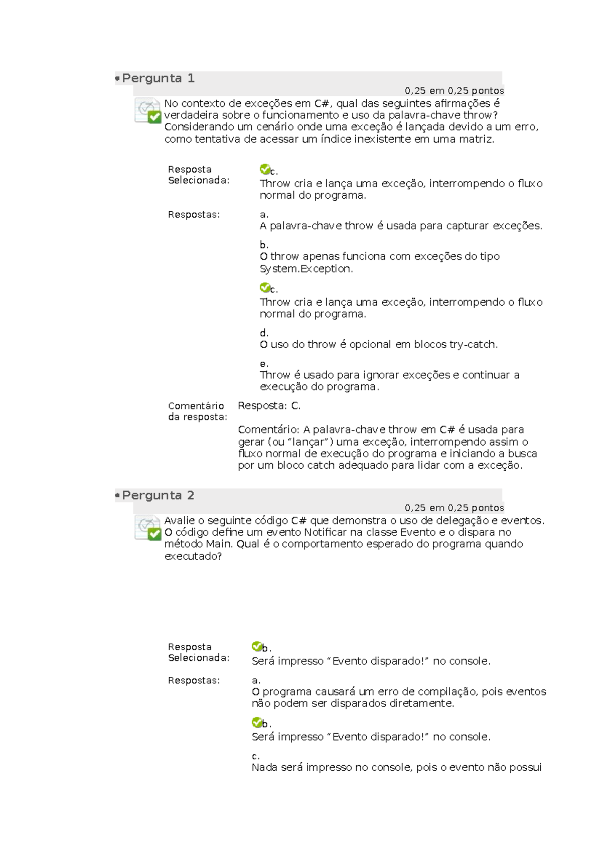 Questionário III - Avaliação de Exceções e Programação em C# - Studocu