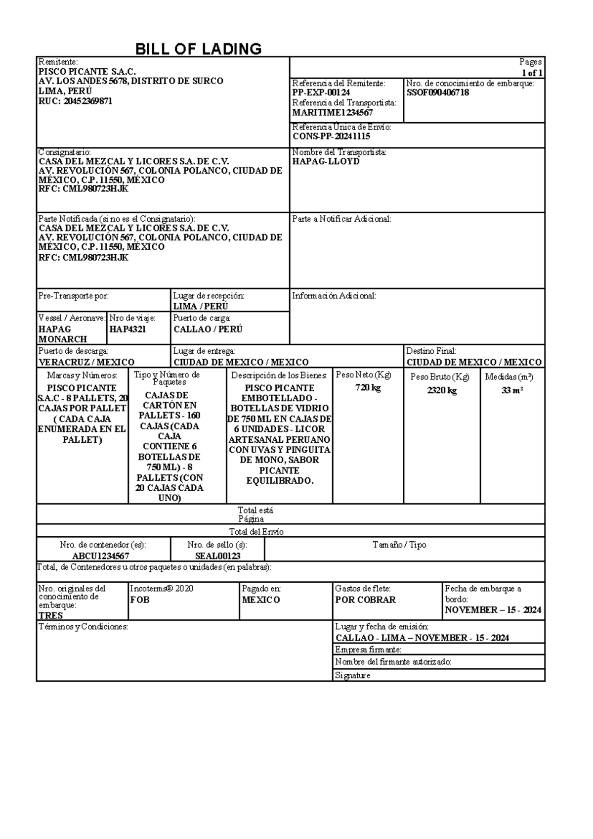 Bill of Lading Example for Maritime Export: PISCO PICANTE S.A. - Studocu