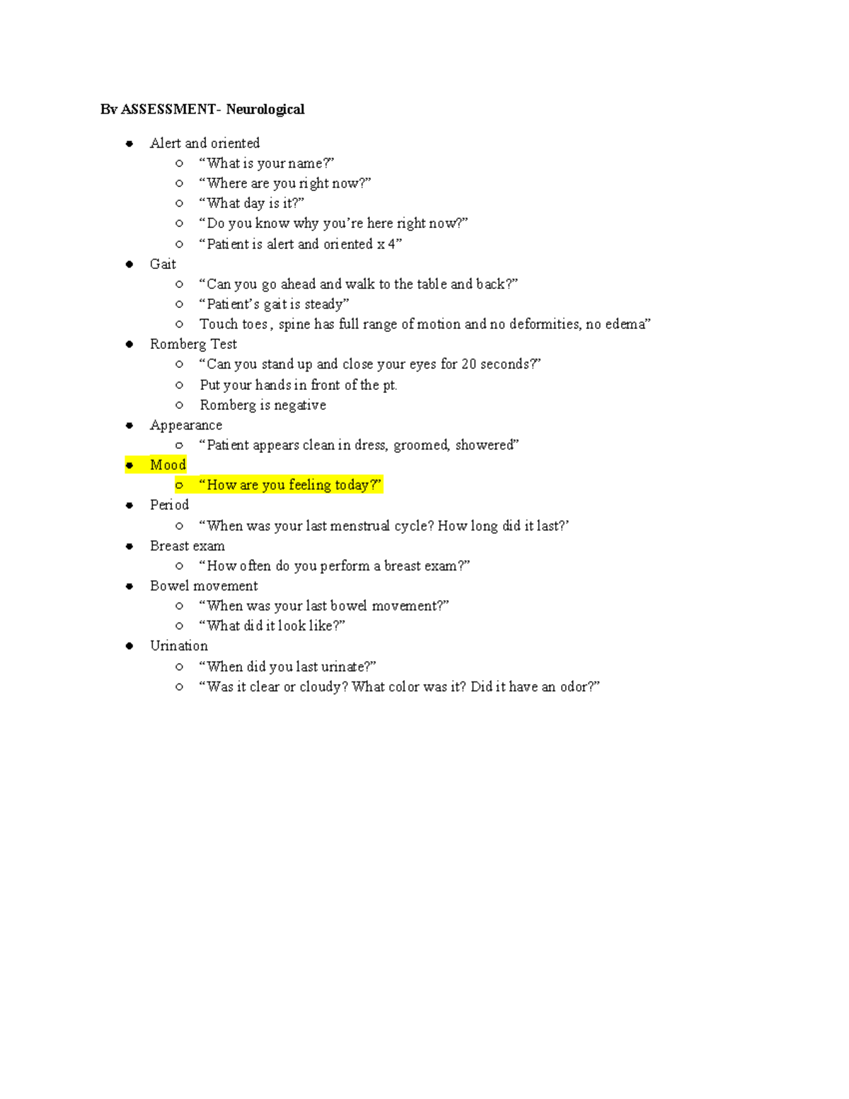 CPE Full Head-to-Toe Neurological and Physical Assessment Script - Studocu