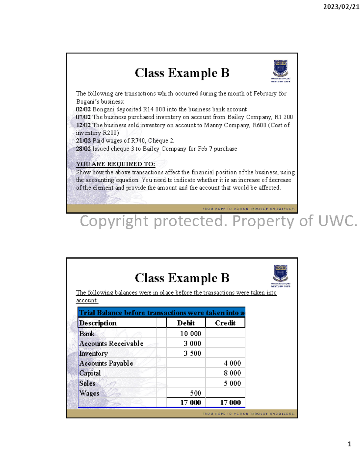 Class Example B: February Transactions & Accounting Equation Analysis ...