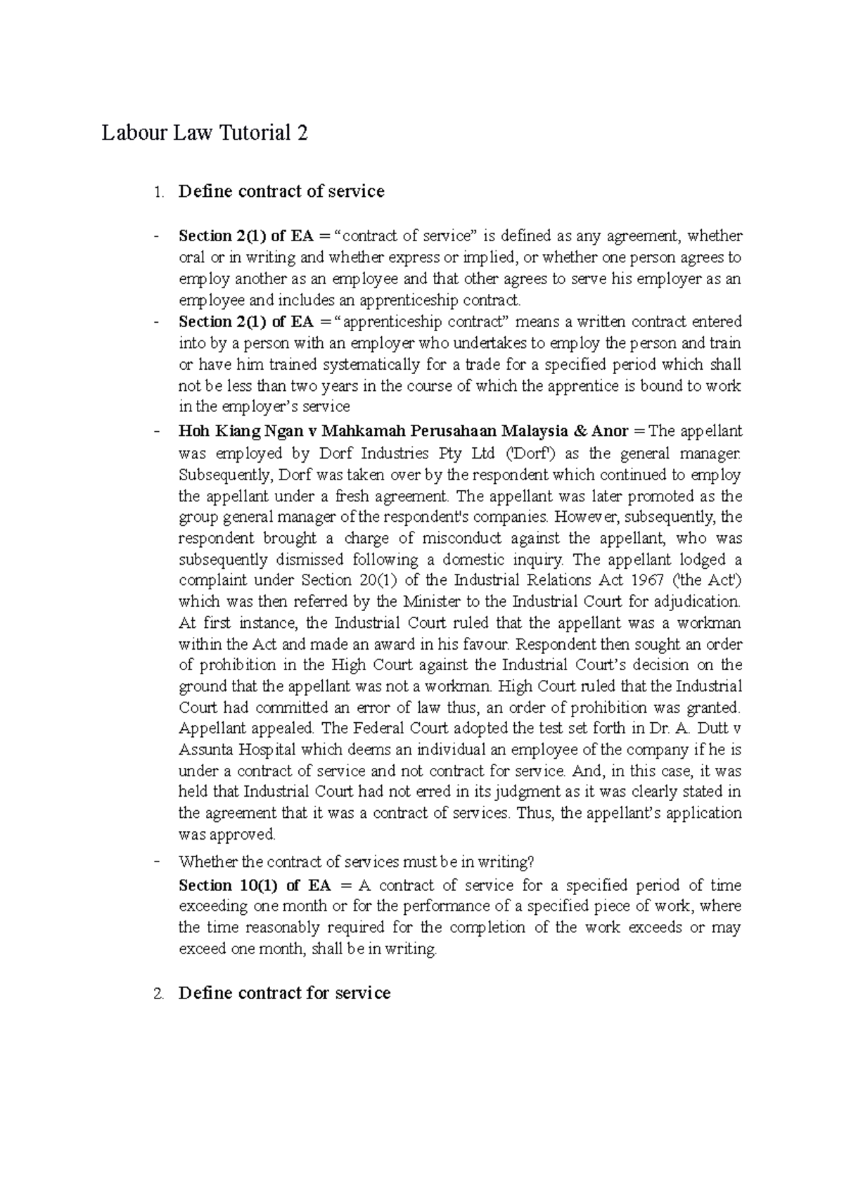 Labour Law Tutorial 2: Understanding Contracts of Service vs. For ...