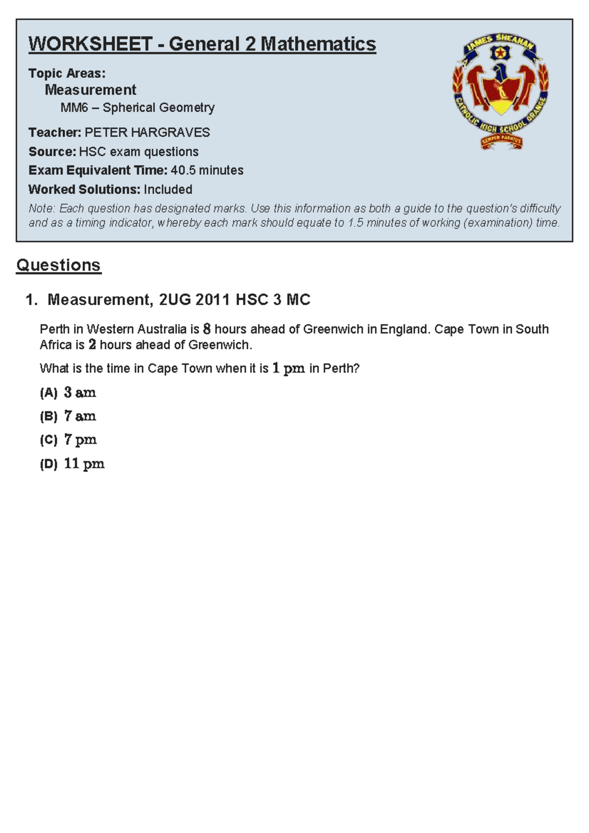 MM6 General 2 Mathematics Worksheet: Measurement & Spherical Geometry ...