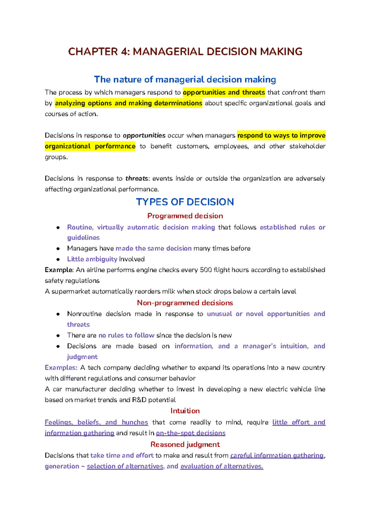 CHAPTER 4: MANAGERIAL DECISION MAKING - QTH Notes - Studocu
