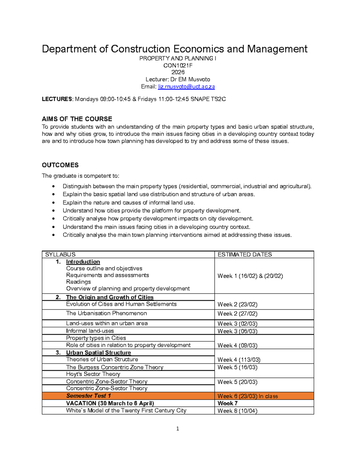 Property and Planning I CON1021F Course Overview and Syllabus - Studocu