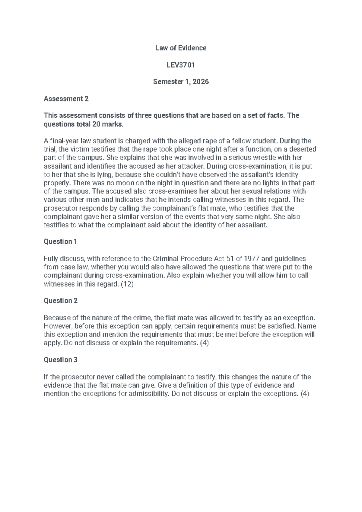 Law of Evidence LEV3701 Semester 1, 2026 Assessment 2 Analysis - Studocu
