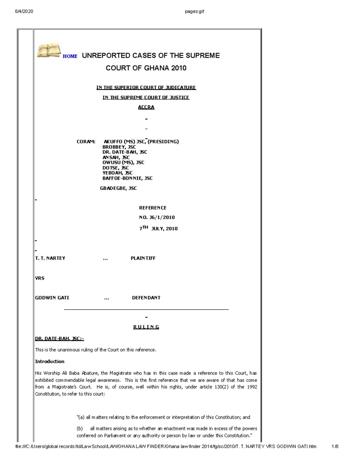 Supreme Court Ruling on Nartey vs. Gati: Case Reference 2010 - Studocu
