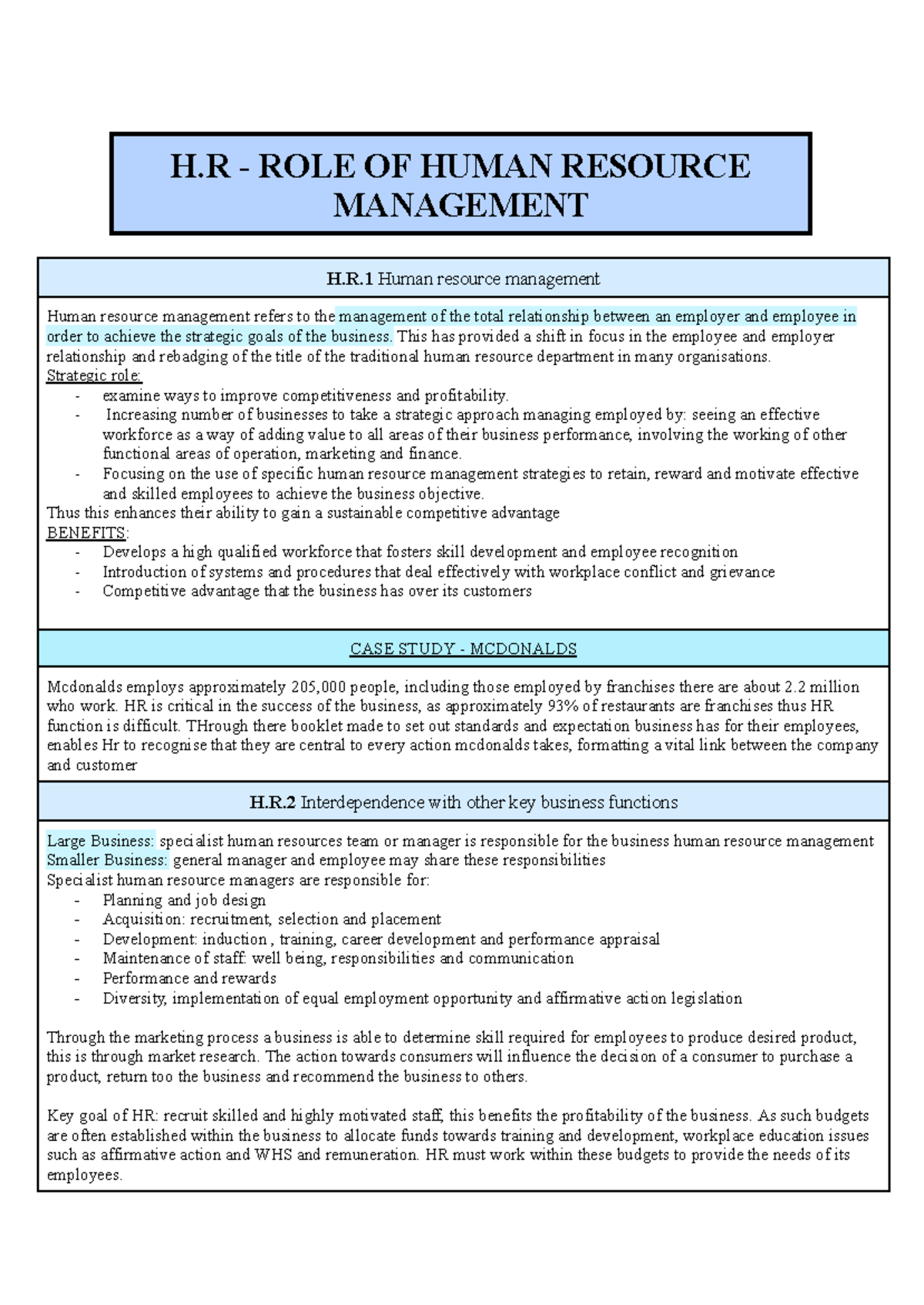 BUS HSC Topic 4 - Human Resources - H - ROLE OF HUMAN RESOURCE ...
