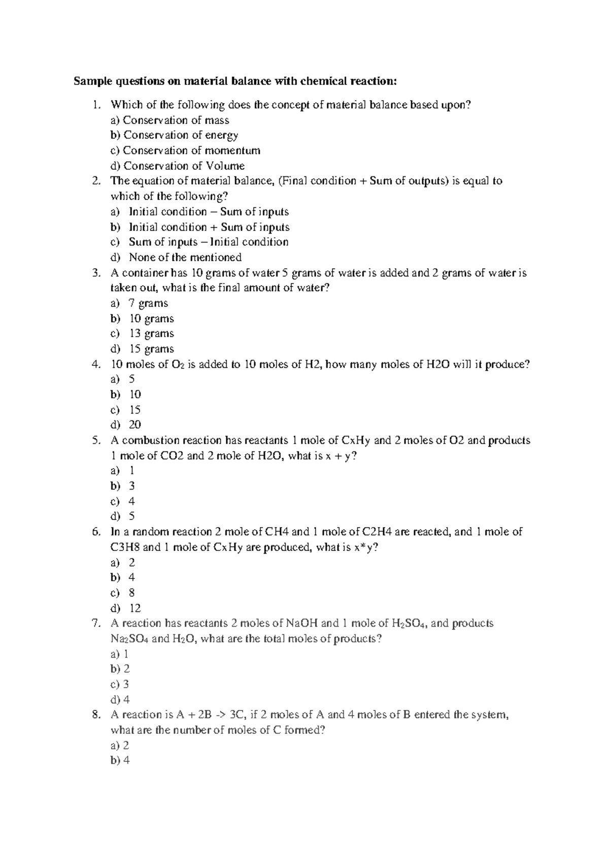Sample questions on material balance with chemical reaction - Food ...