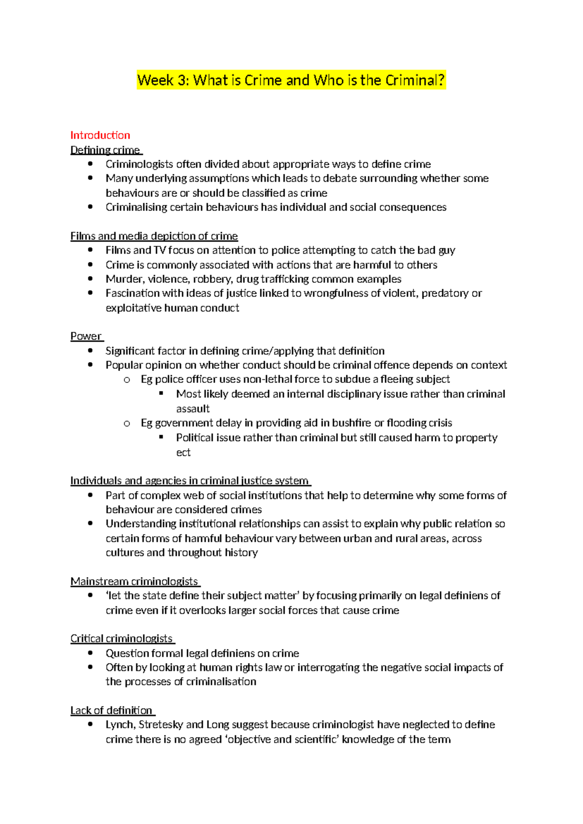 Acr101 notes - Week 3: What is Crime and Who is the Criminal ...