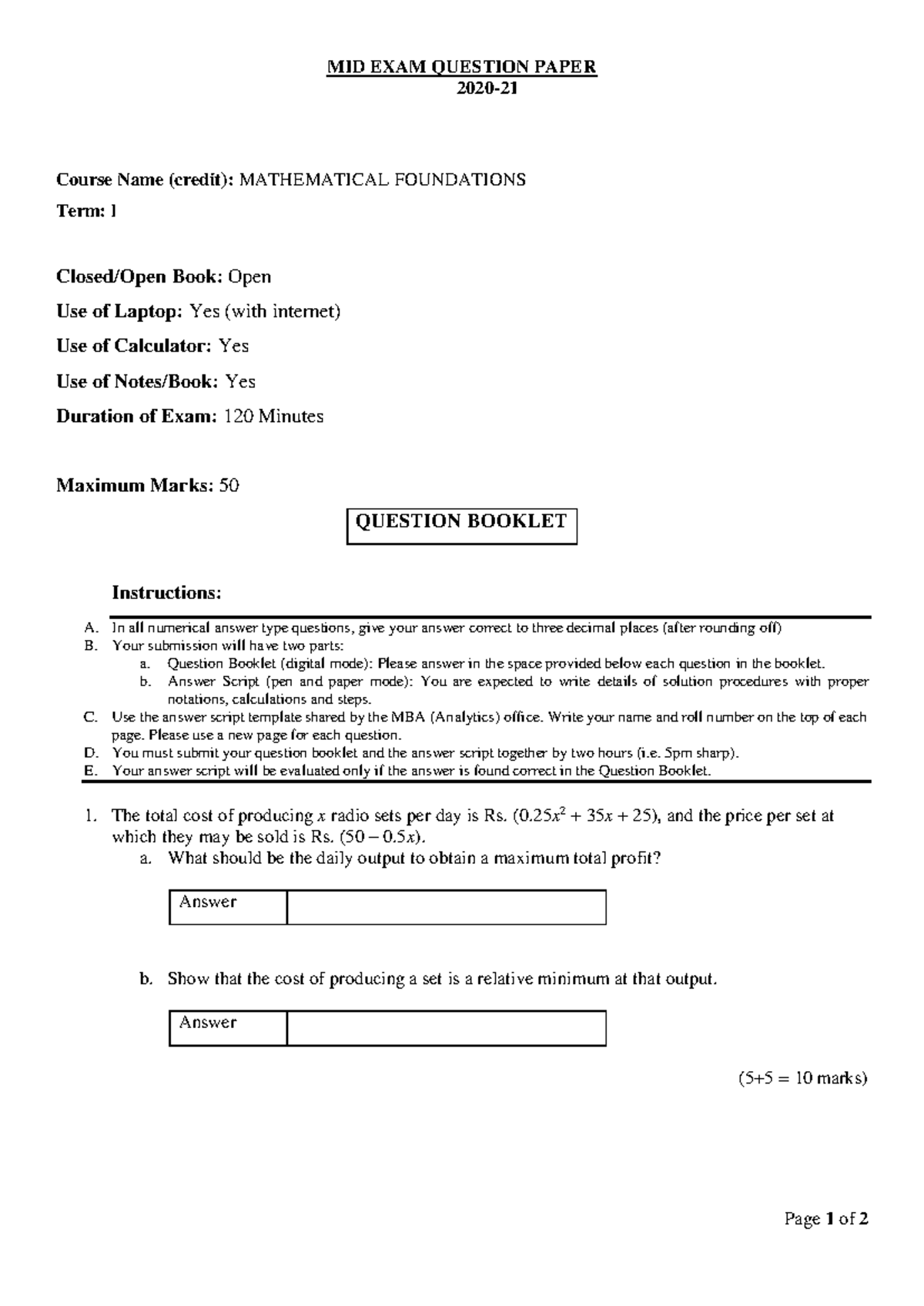 MF Midterm 2020-21 - Mathematical Foundations Exam Questions - Studocu