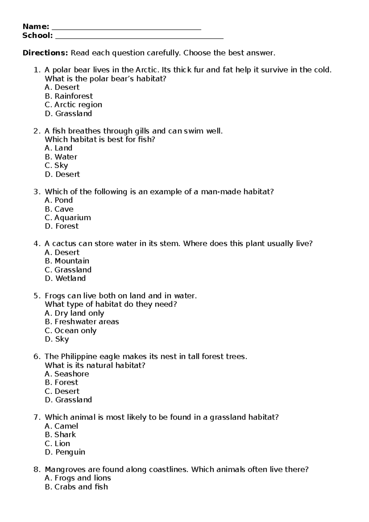 Grade 4 Science Week 5 Summative: Habitat Quiz & Answer Key - Studocu