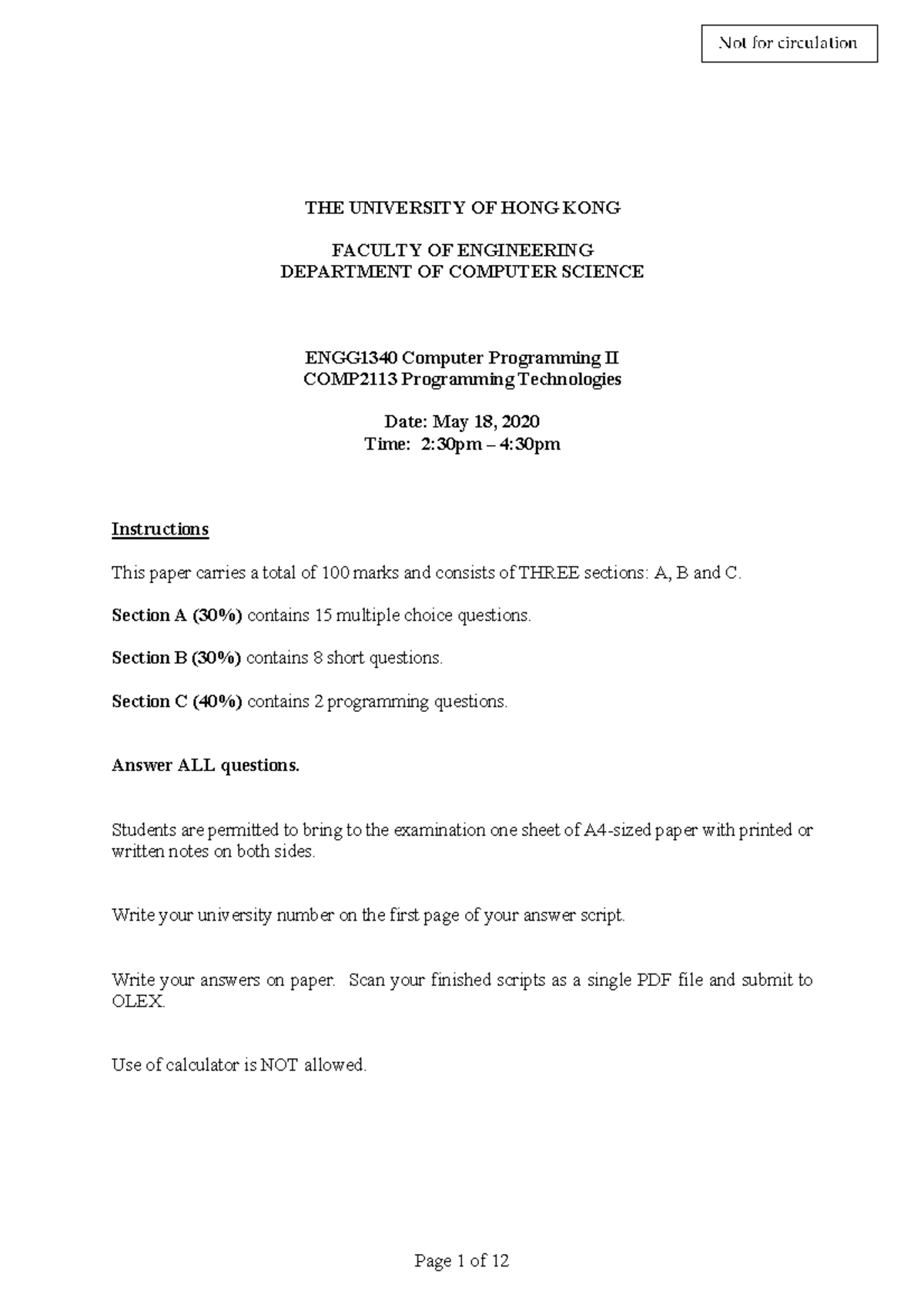 ENGG1340 Final Exam Practice - Computer Programming II - Studocu