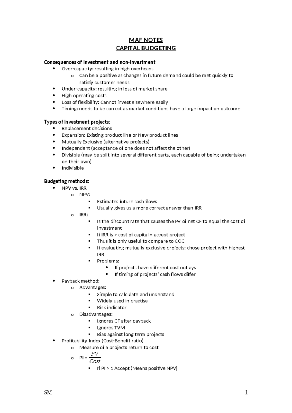 MAF Notes - Capital Budgeting and Performance Evaluation Insights - Studocu