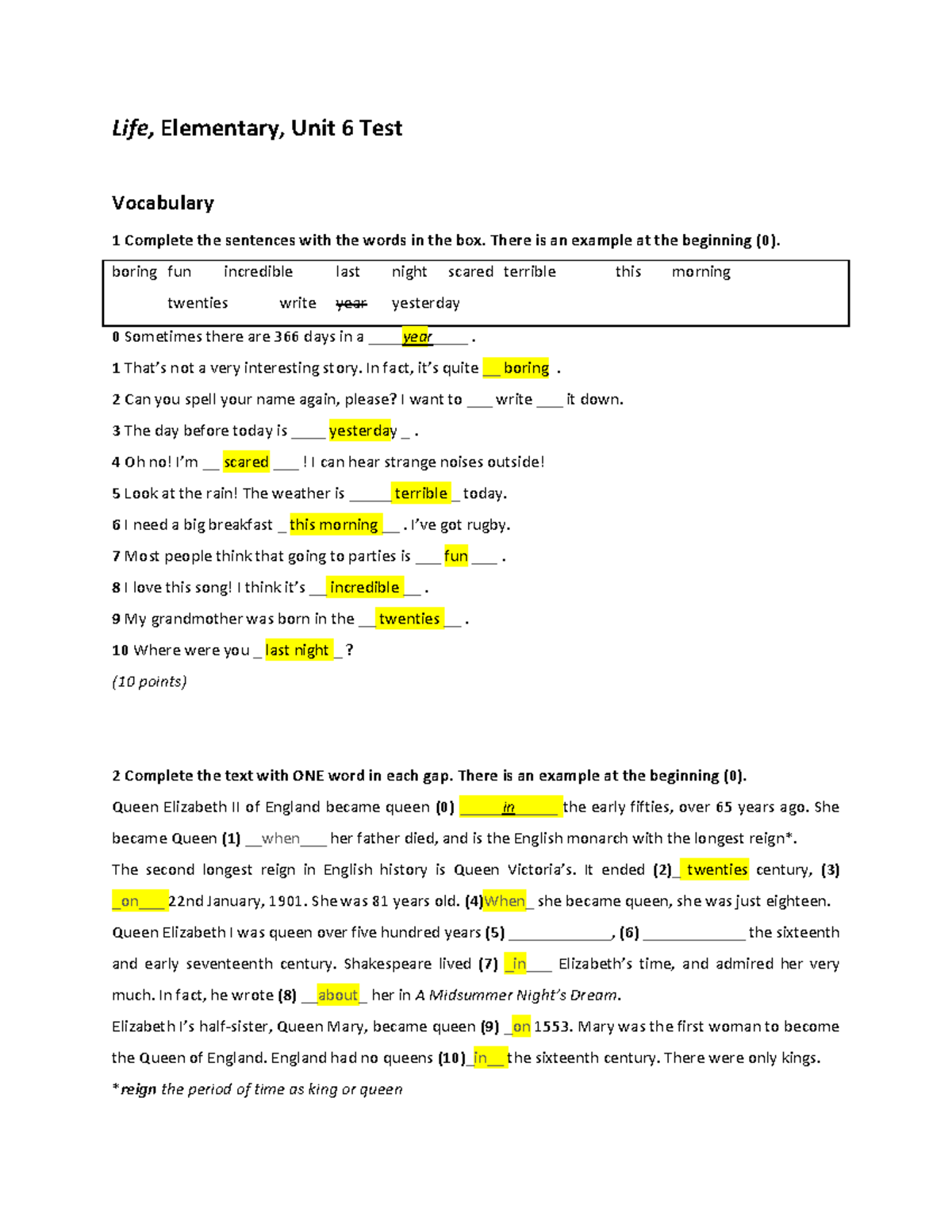 Elementary Unit 6 Test Vocabulary & Grammar Practice (LAST) - Studocu