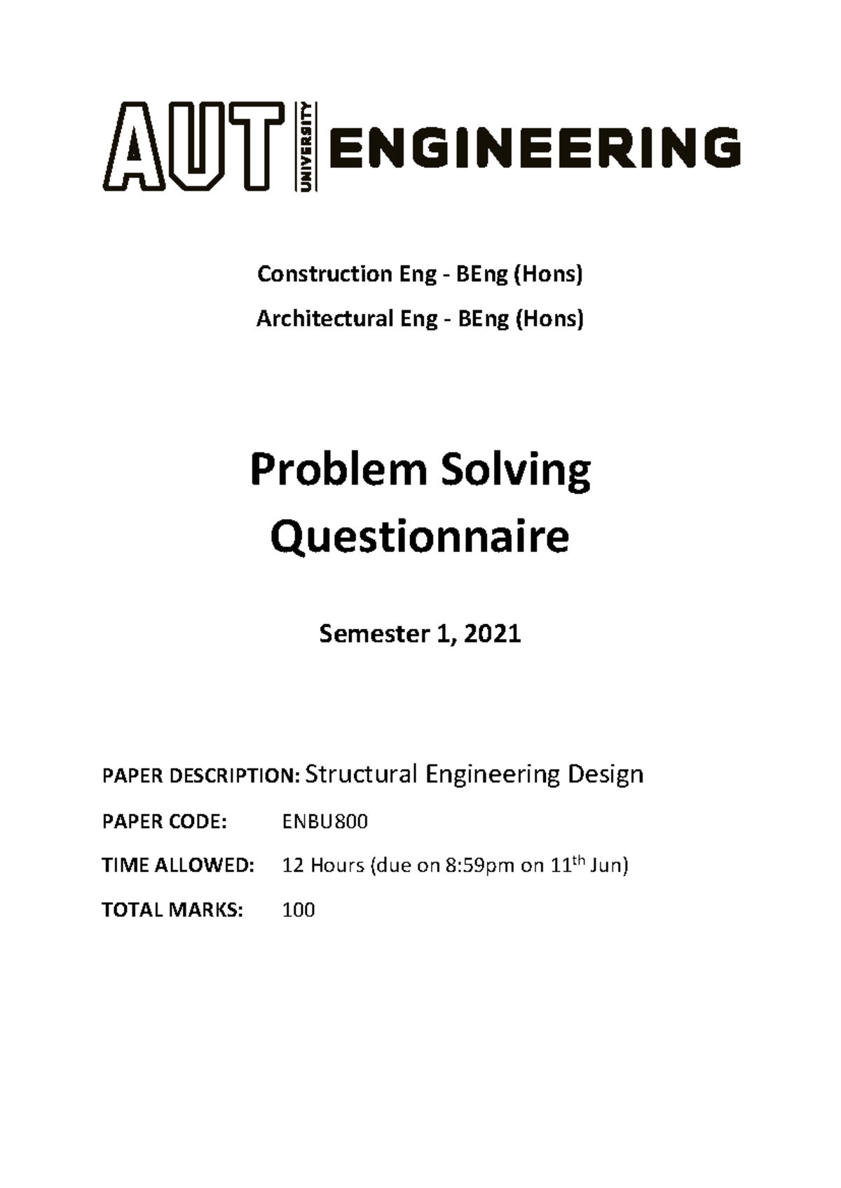 PSQ-2021 - Structural Eng Design Paper ENBU 1 Semester 2021 - Studocu