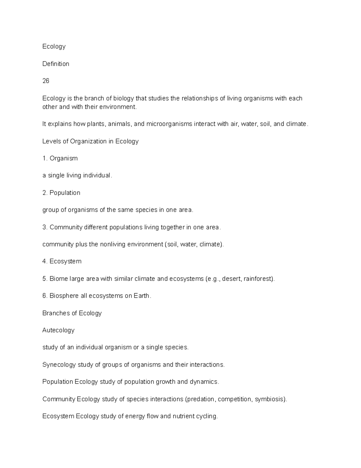 Ecology Overview: Definitions, Levels, and Branches of Study - Studocu