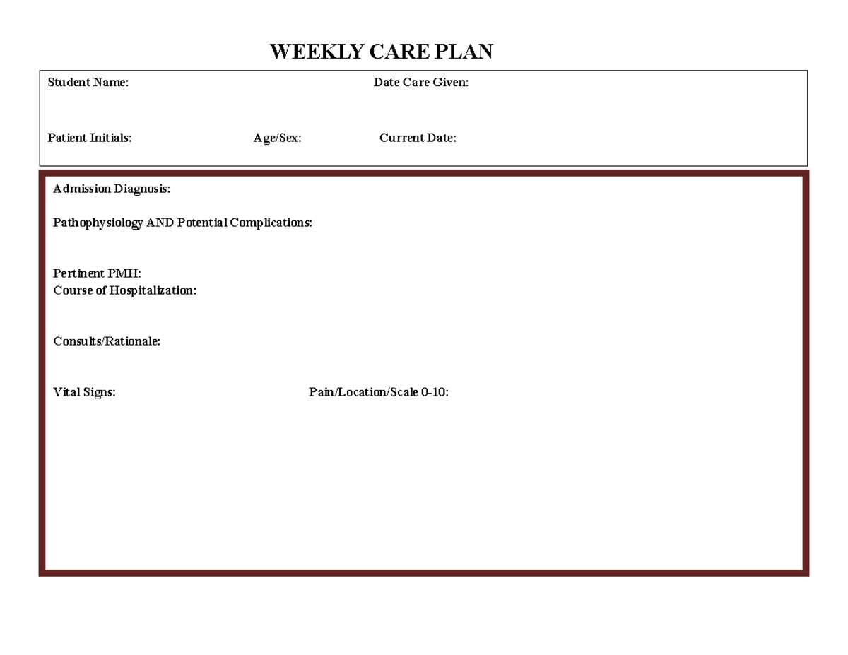 Weekly Care Plan Template for Nursing Practice - Studocu