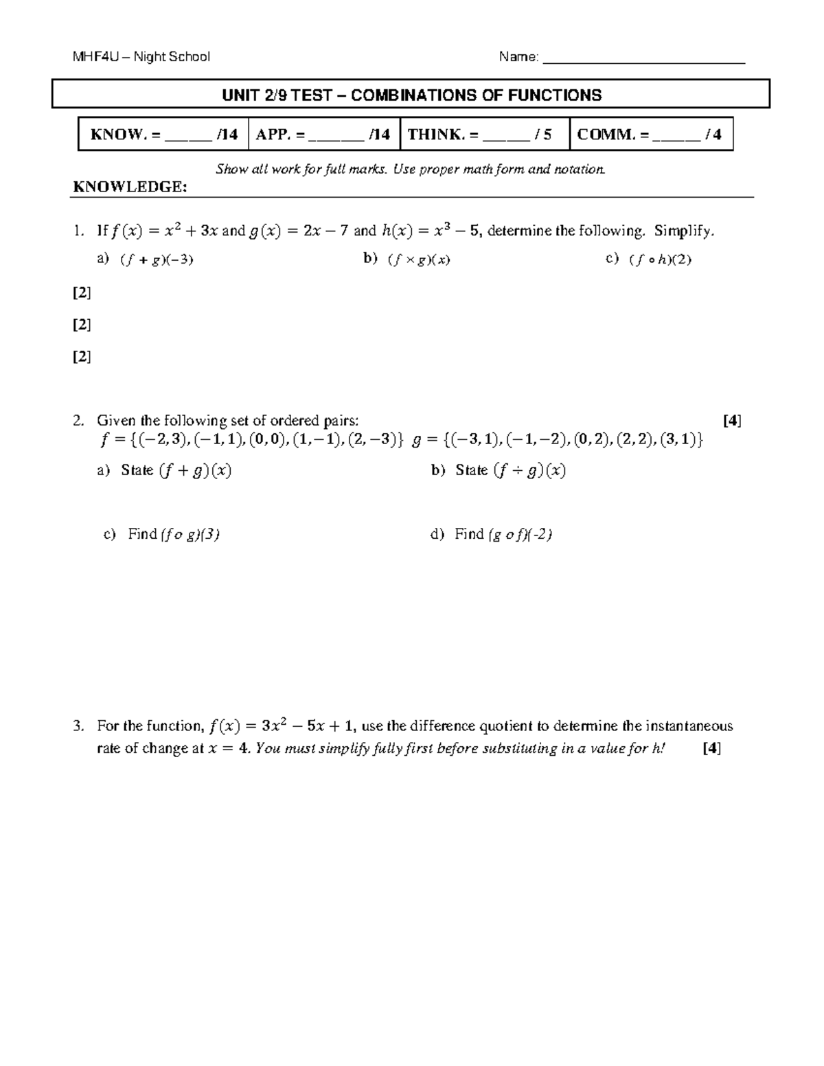 MHF4U Unit 2/9 Test - Combinations of Functions Analysis - Studocu