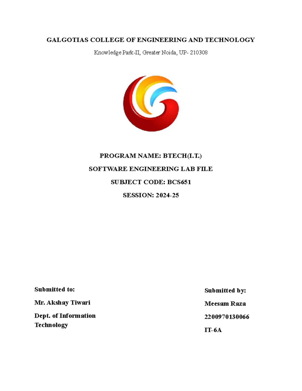 BTECH(I.T.) Software Engineering Lab File - BCS651 Experiment Notes ...