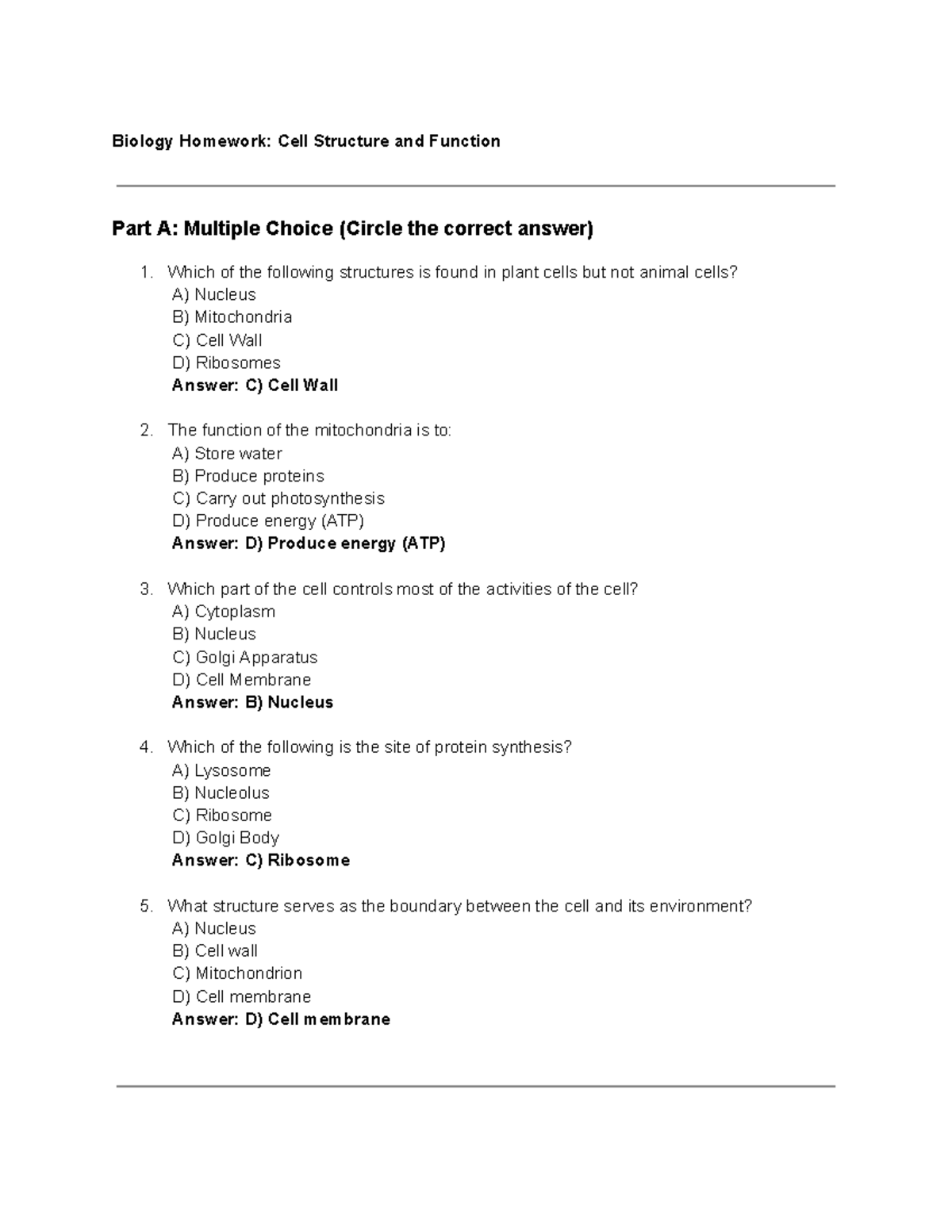 Biology 101: Cell Structure & Function Homework - Multiple Choice ...