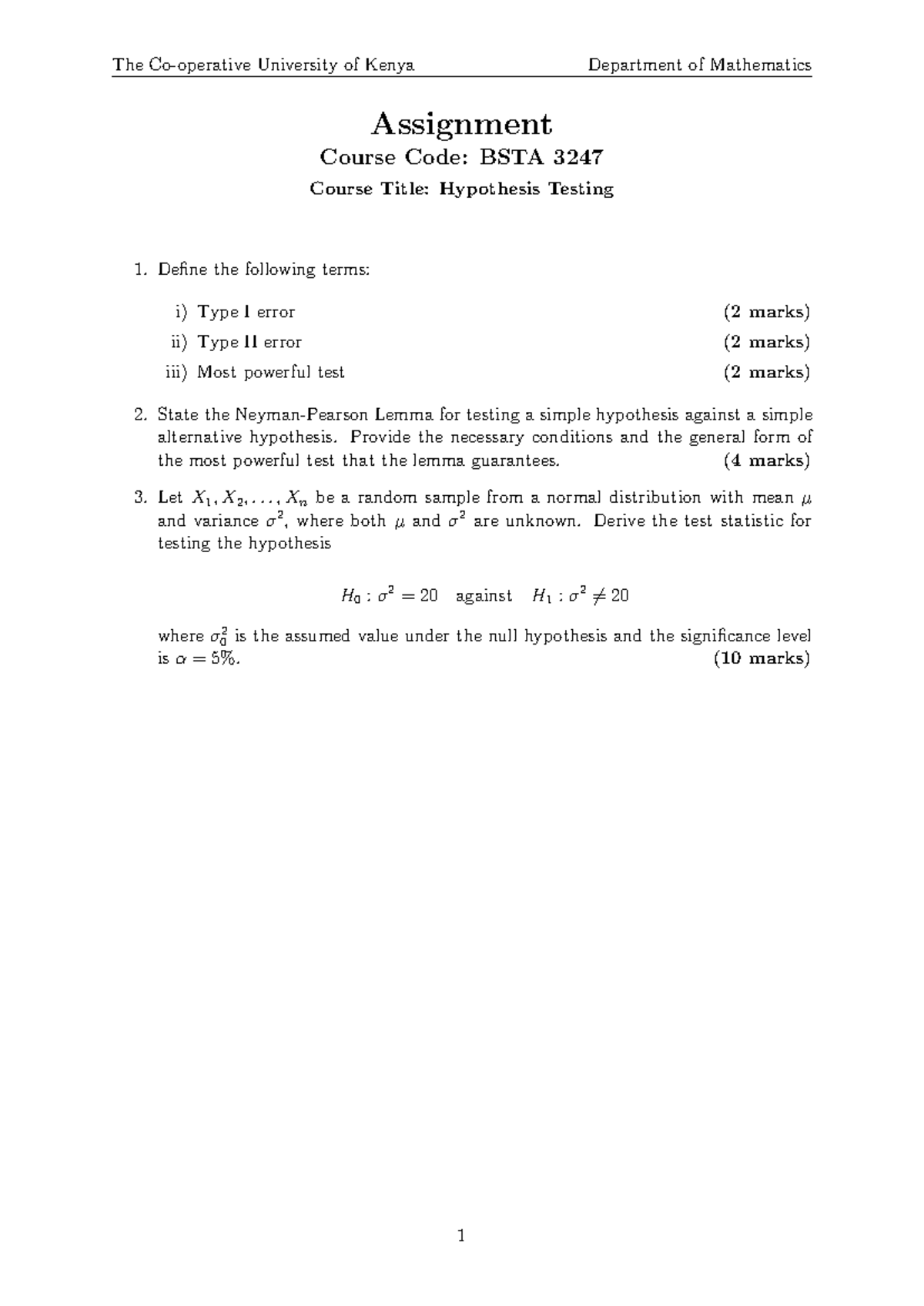 BSTA3247 - Hypothesis Testing Assignment 1 2 (Total Marks 20) - The Co ...