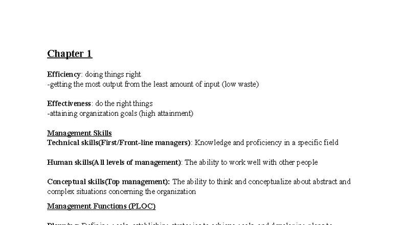 Introduction to Management (MGT101) Chapter 1 Notes on Efficiency ...