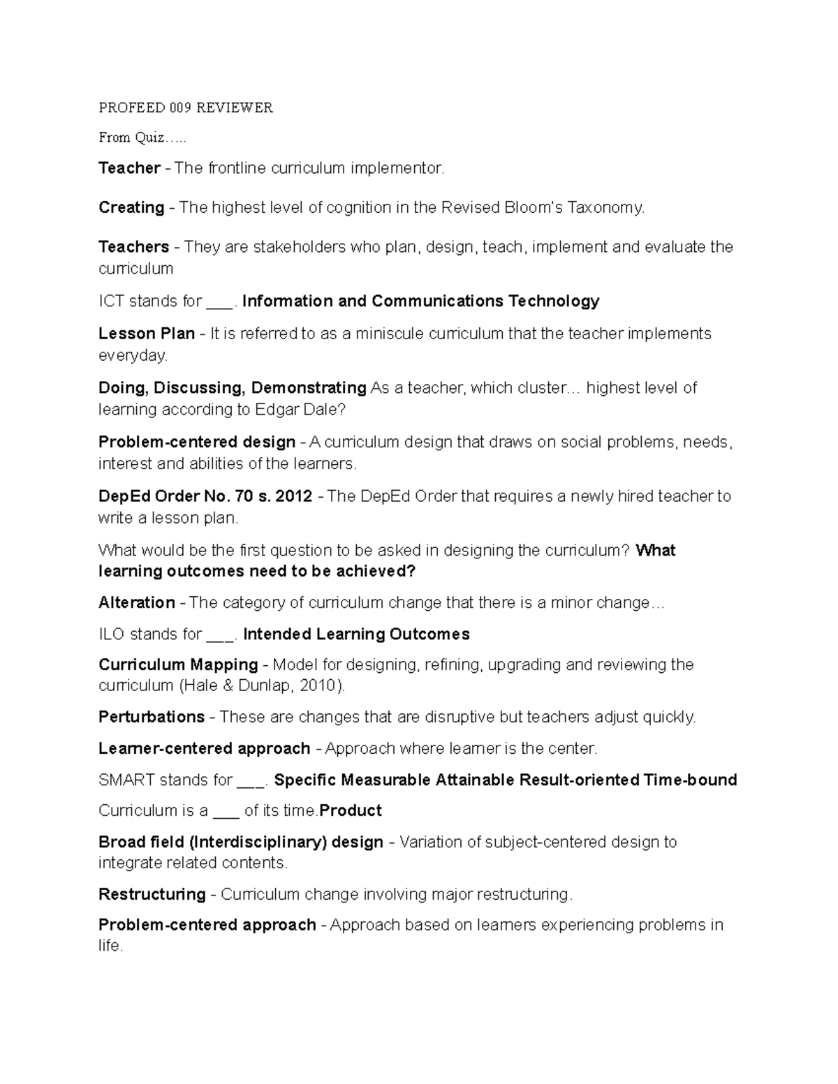 PROFEED 009: Curriculum Design and Implementation Reviewer - Studocu