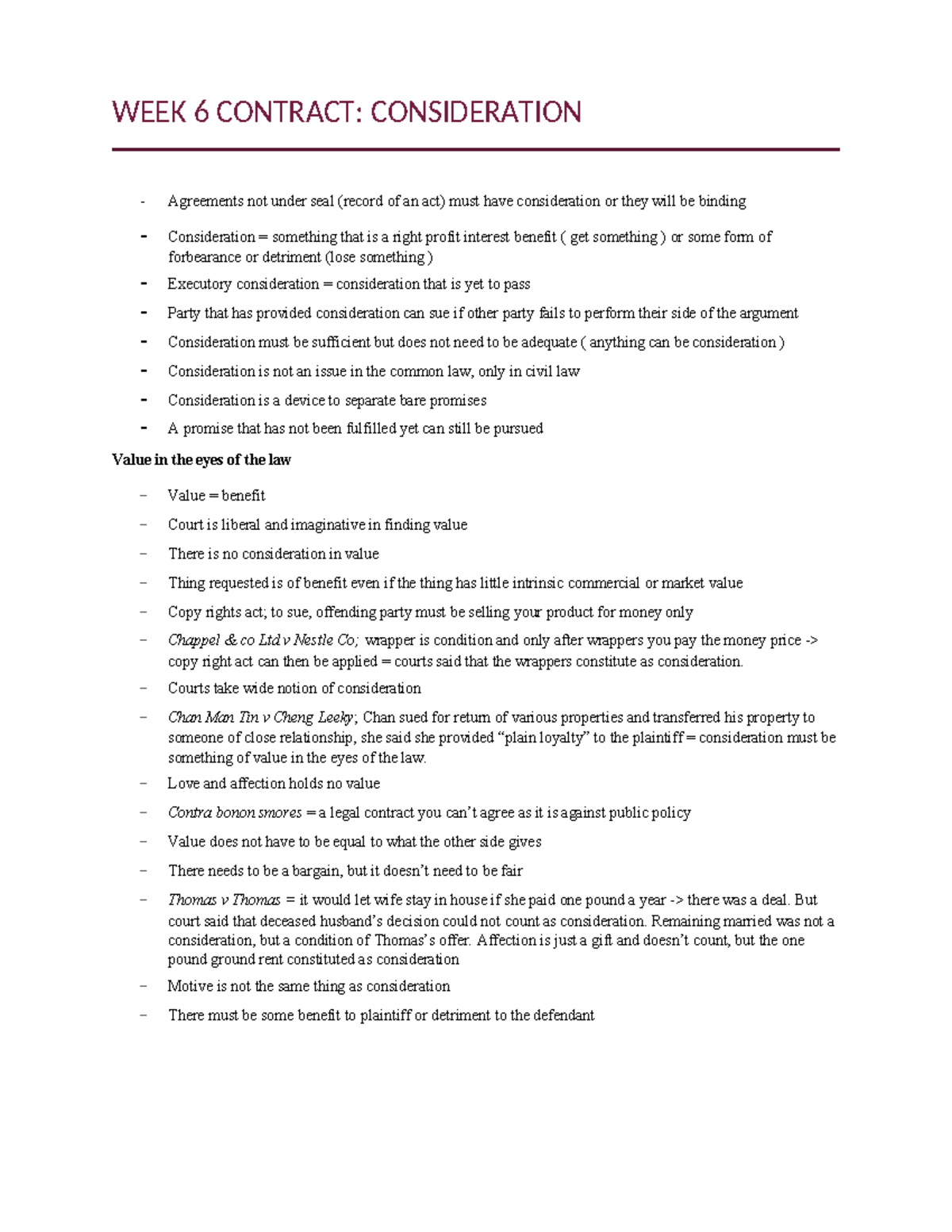 WEEK 6 Contract Consideration Overview and Key Legal Cases - Studocu