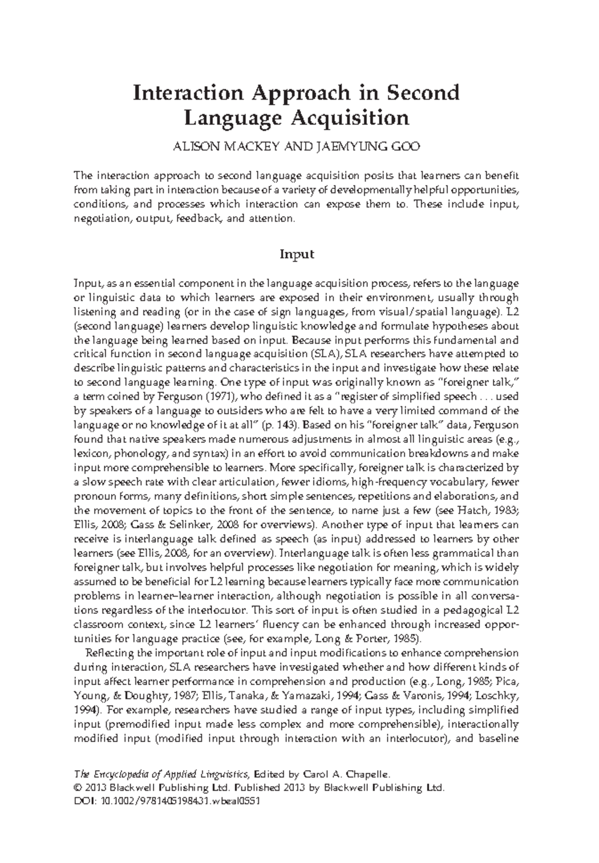 Interaction Approach In Second Language Acquisition Input Output And