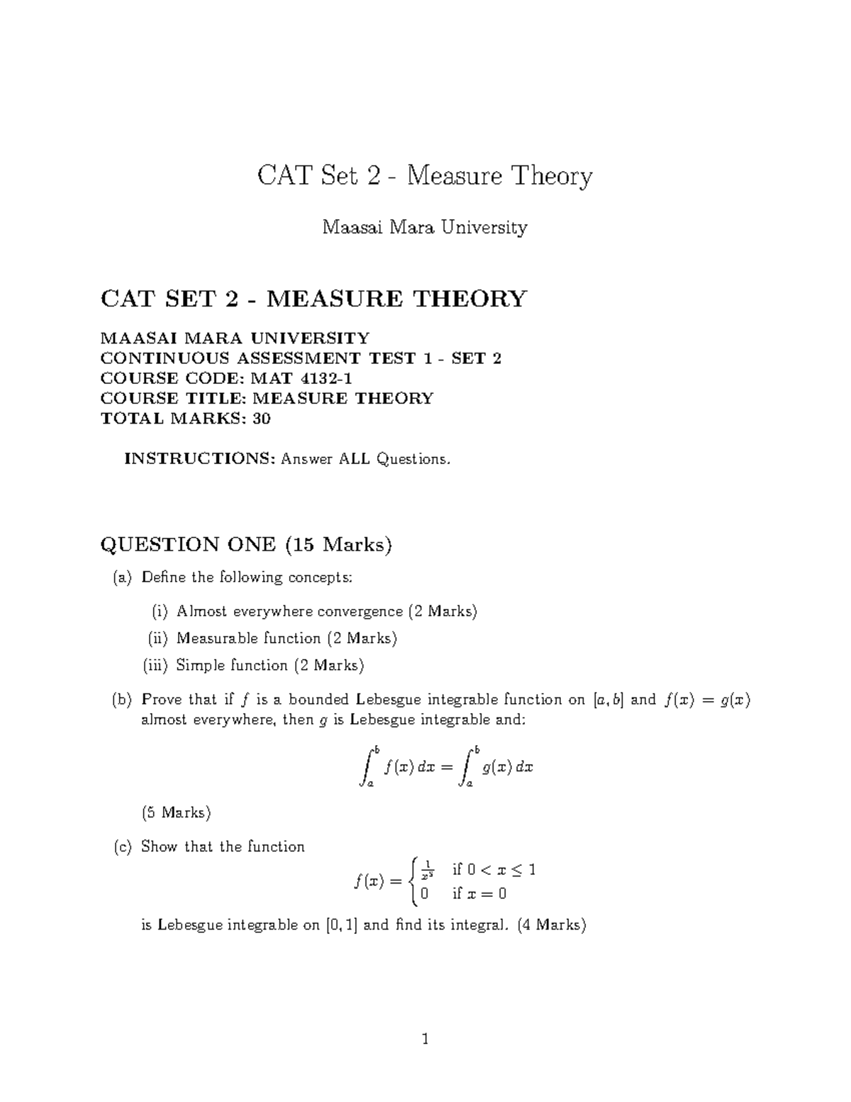 CAT Set 2: Measure Theory - Continuous Assessment Test - Studocu