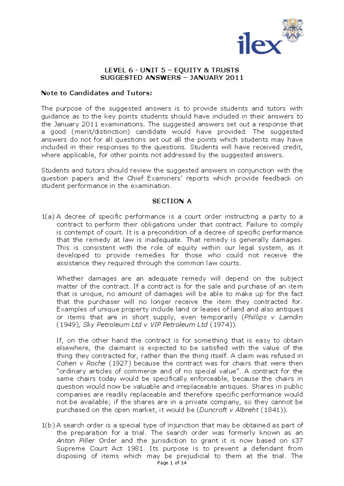 Level 6 Equity & Trusts Unit 5 - Suggested Exam Answers 2011 - Studocu