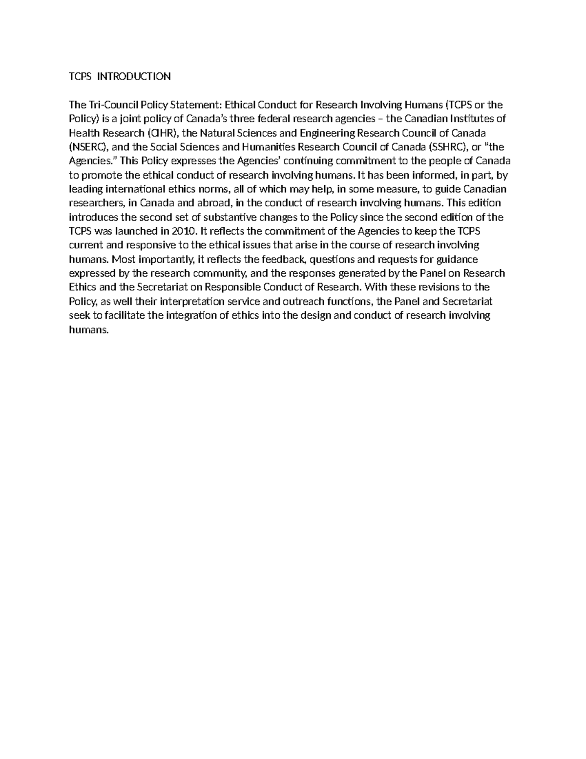 TCPS Introduction - TCPS INTRODUCTION The Tri-Council Policy Statement ...