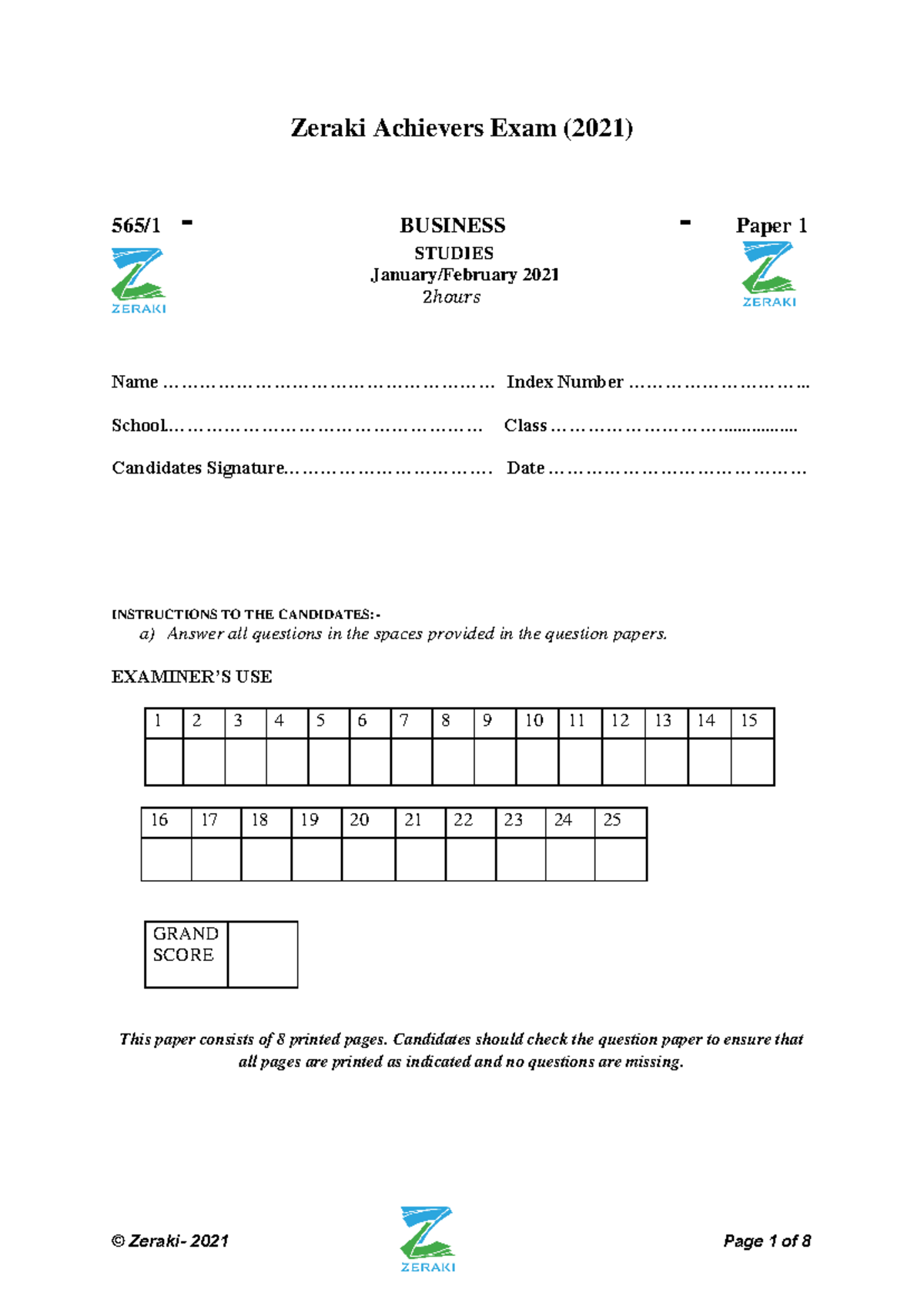 Business Studies 565/1 - Paper 1 - January/February 2021 Exam Questions ...