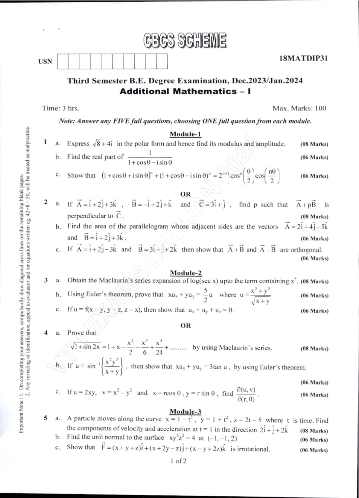 Additional Mathematics I (18MATDIP31) - Practice Exam Solutions - Studocu
