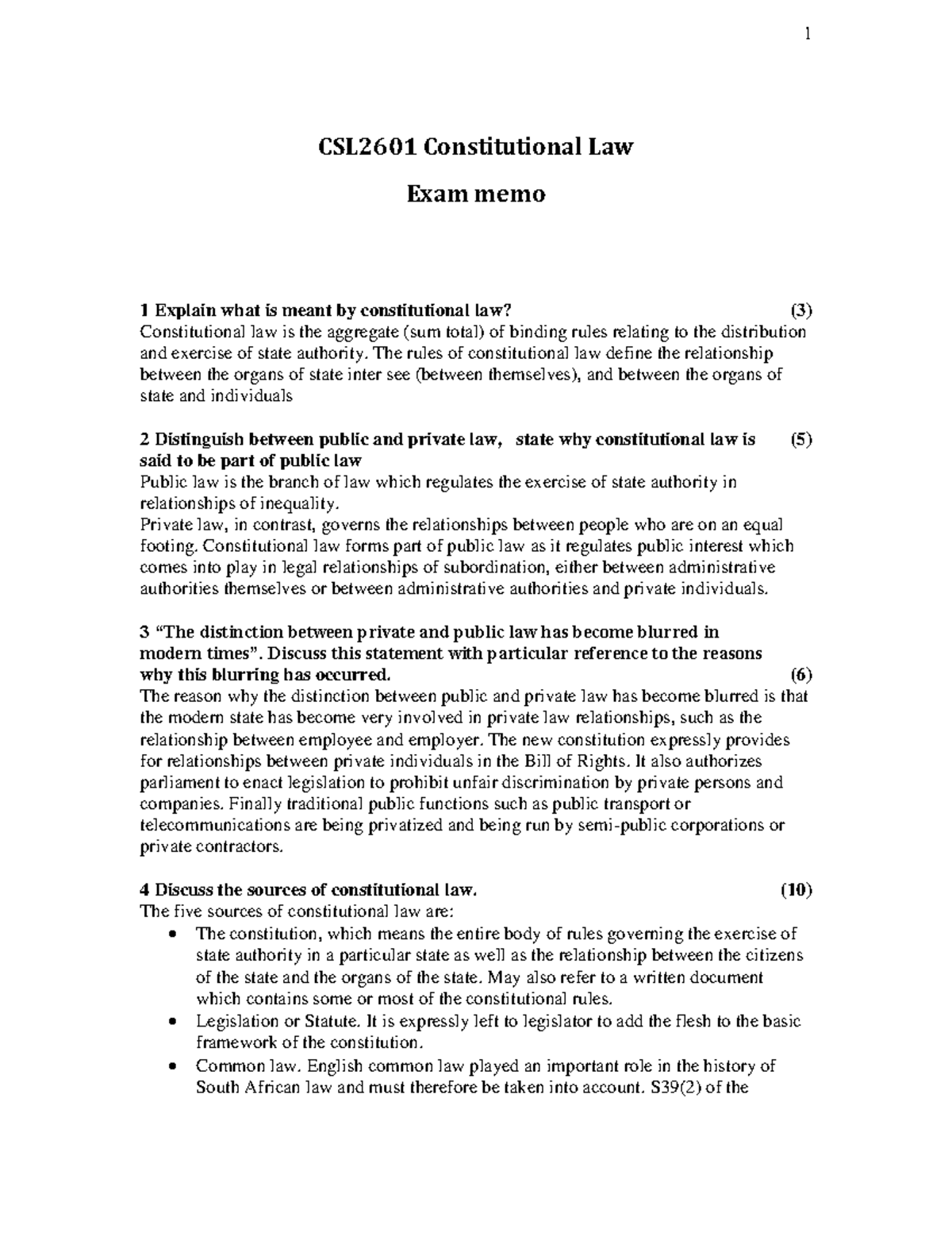 CSL2601 Constitutional Law Exam Memo: Key Concepts and Principles ...