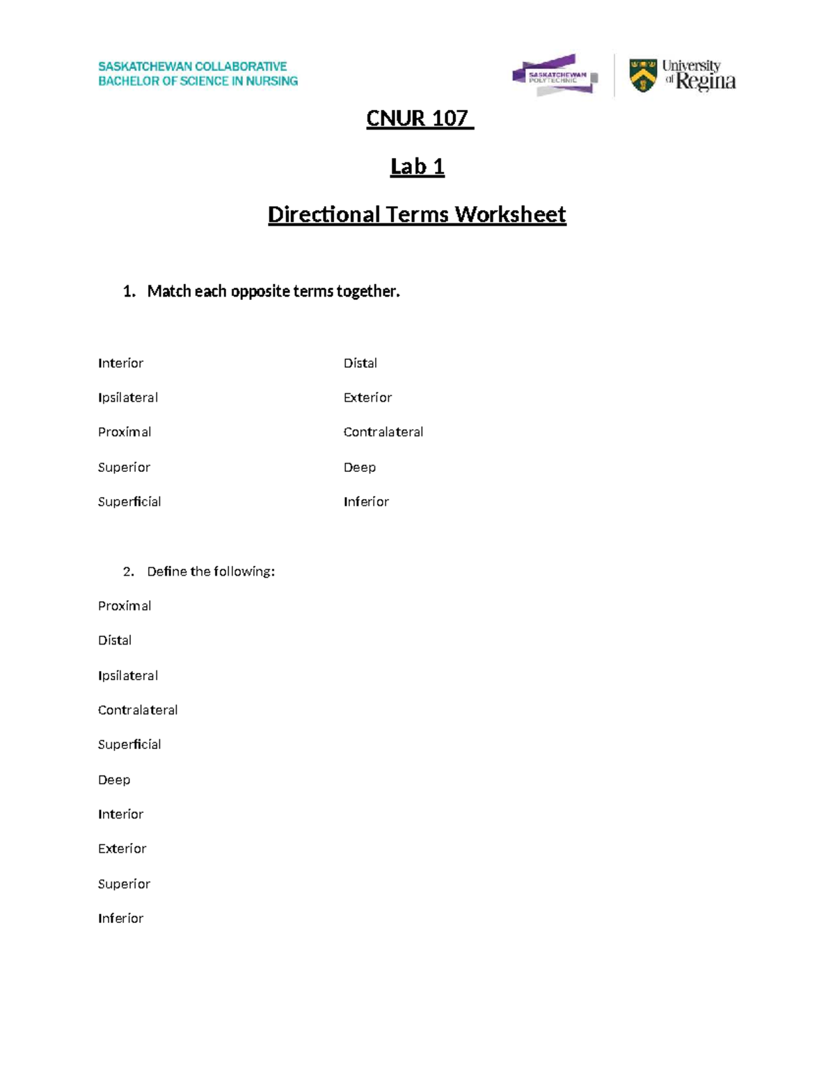 Directional Terms Worksheet - BIOL 111 - Match each opposite terms ...