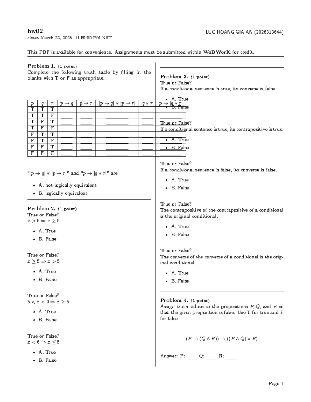 HW02 Discrete Math GEDB007 Assignment - Truth Tables & Validity - Studocu