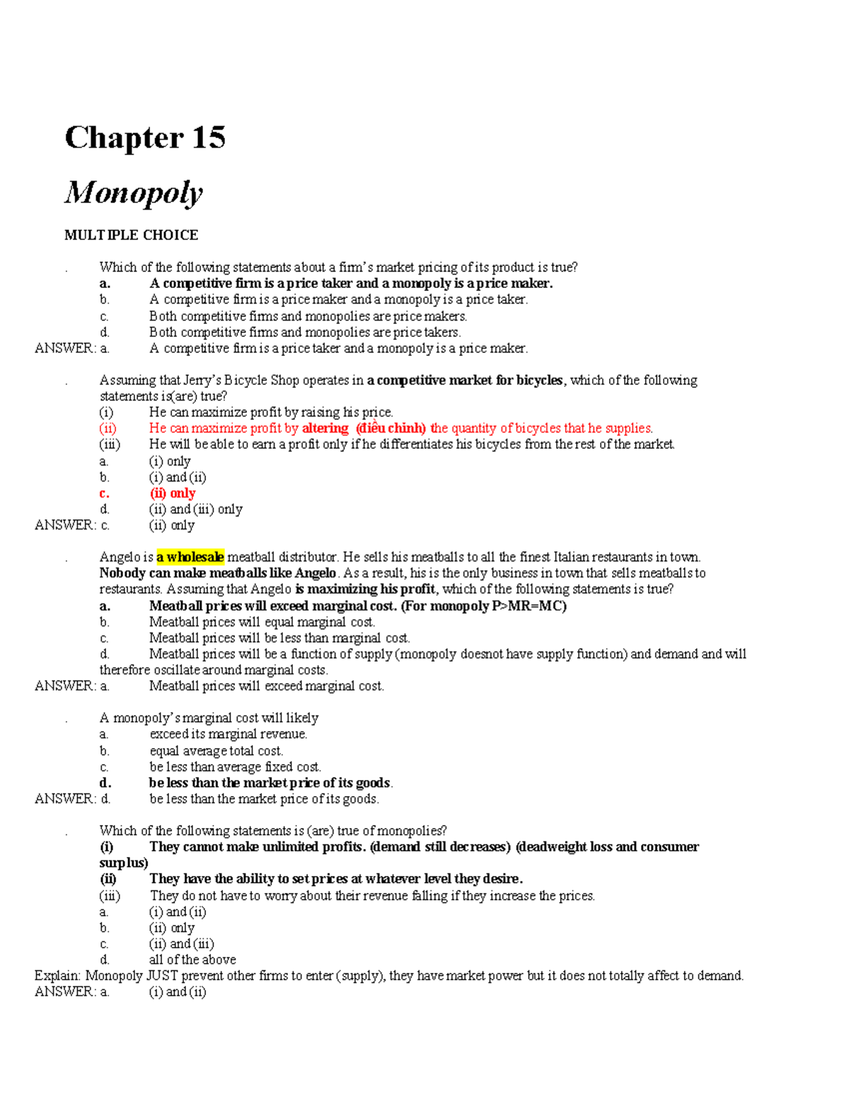 Chapter 15: Monopoly - MC Questions & Analysis - ECON 101 - Studocu